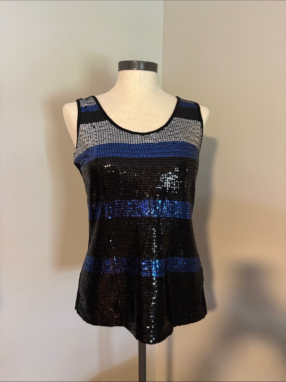 Women's Black and Blue Sequin Stripe Tank Top